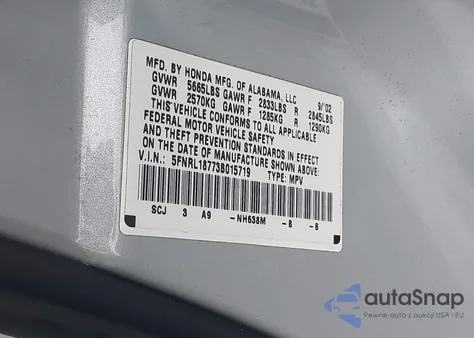 2003 Honda Odyssey Ex-L from USA, damaged, VIN 5FNRL18773B015719